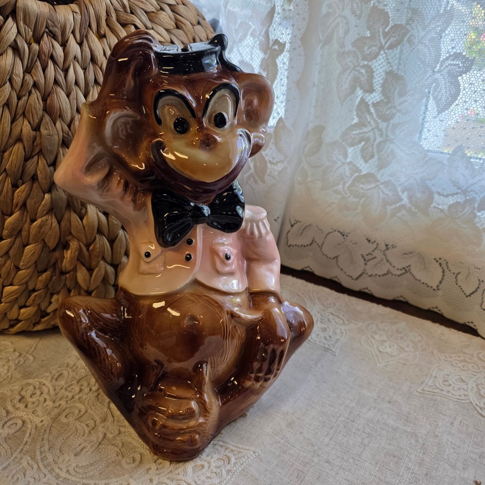 C Miller Studio Bell Hop Monkey Coin Bank 12" Brown Pink Tuxedo Ceramic Kitsch
